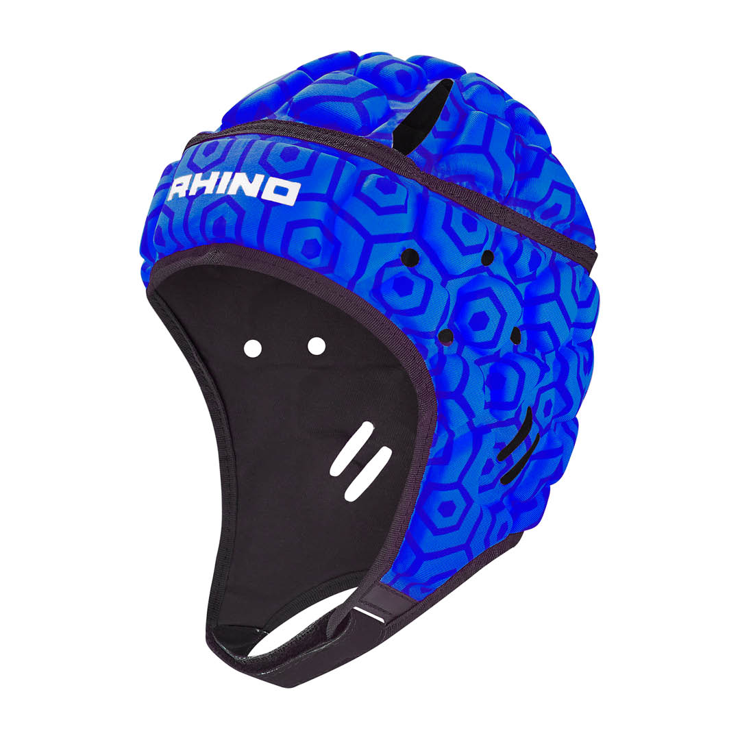 Blue and black helmet with 'Rhino' branding on a white background