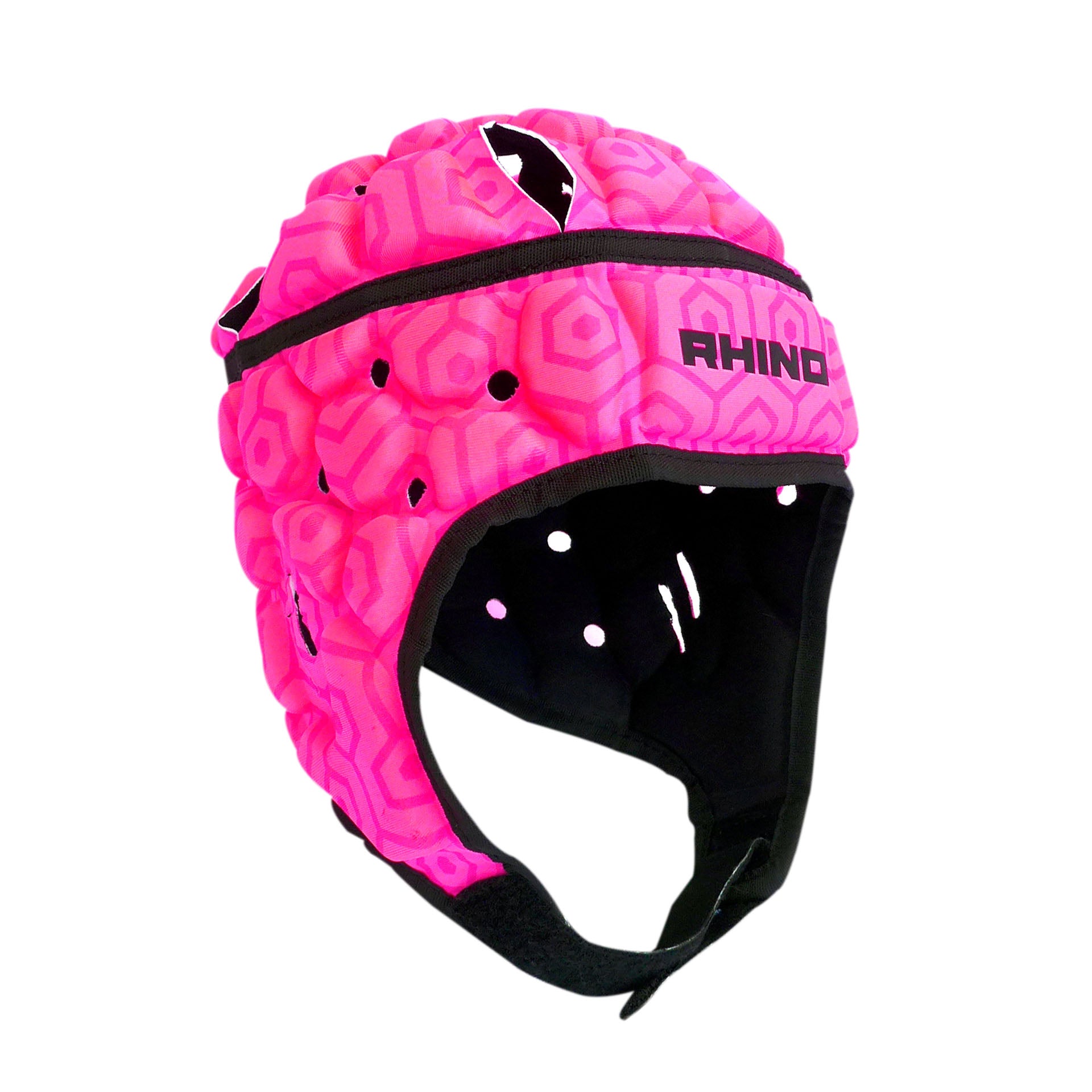 Pink helmet with black strap on a white background, branded 'Rhino'.
