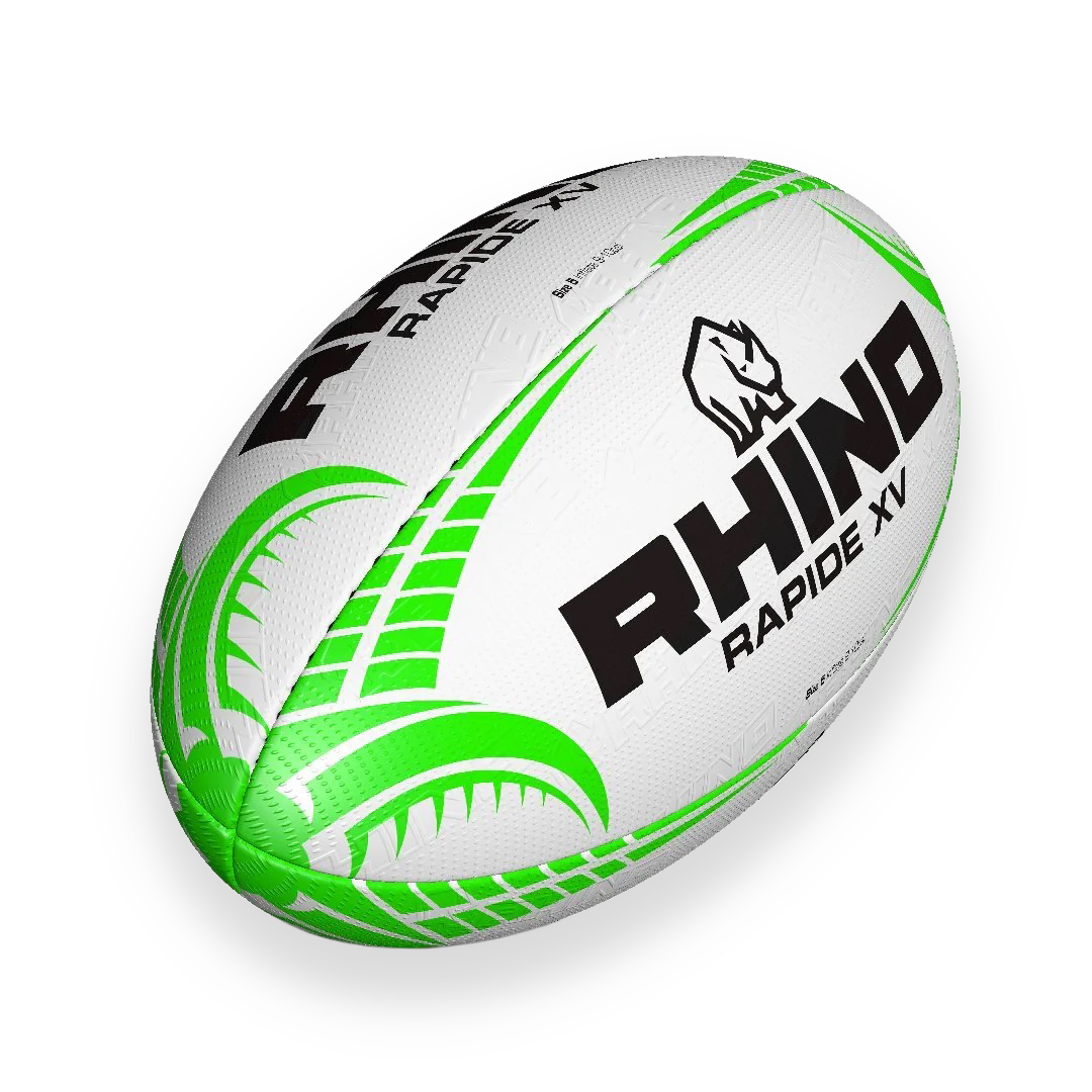 White rugby ball with green accents and 'Rhino Rapide XV' branding on a white background