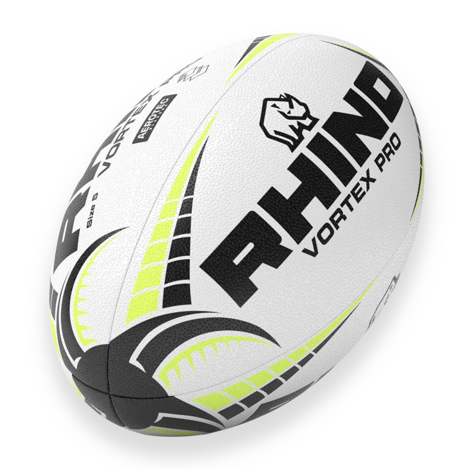 White rugby ball with black and green accents featuring a Rhino logo on a white background