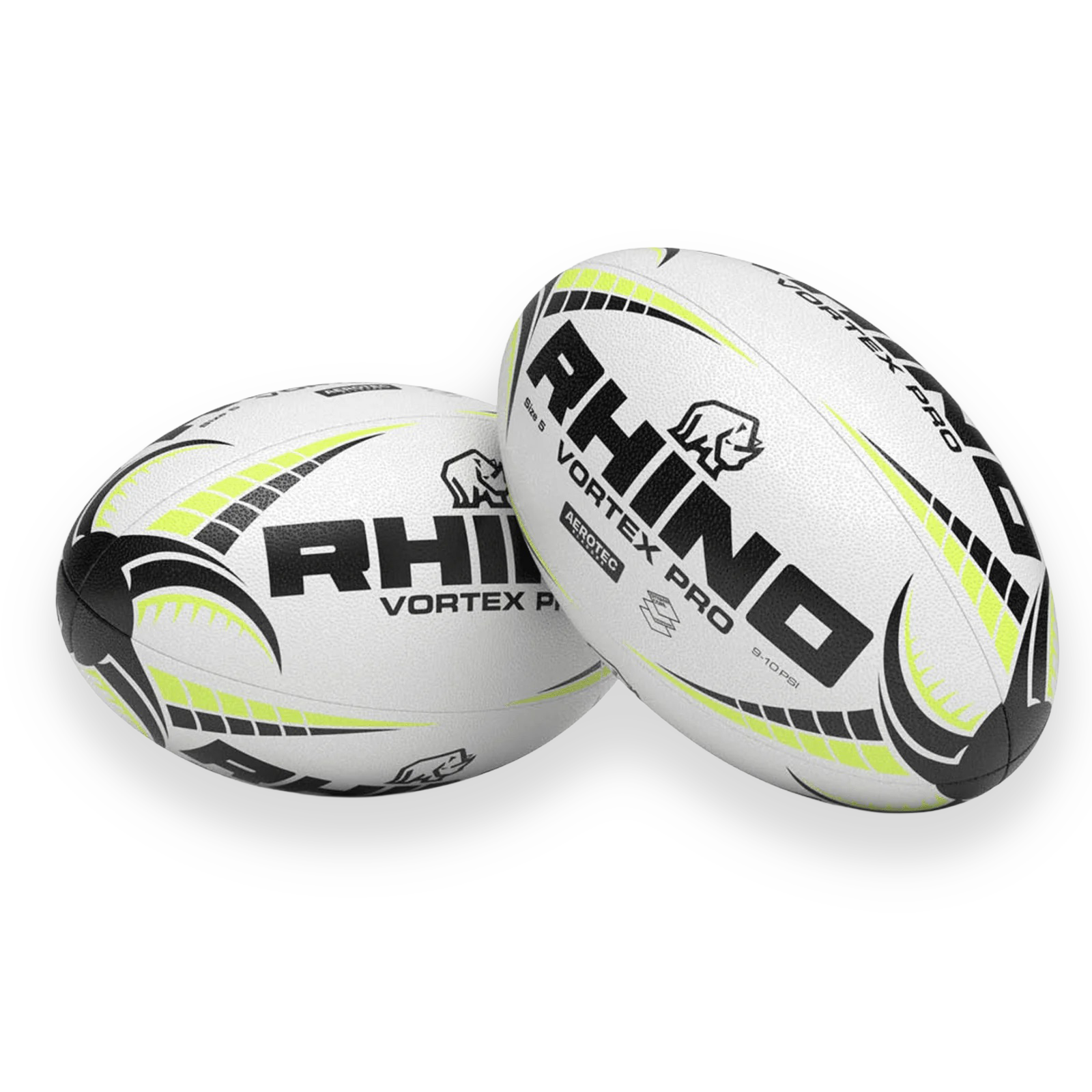 Two Rhino Vortex Pro rugby balls on a white background