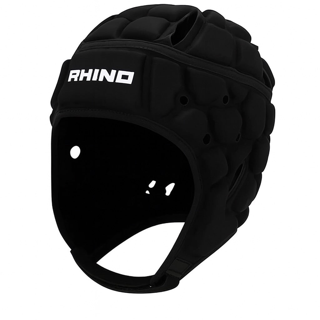 Black protective helmet with 'Rhino' branding on a white background