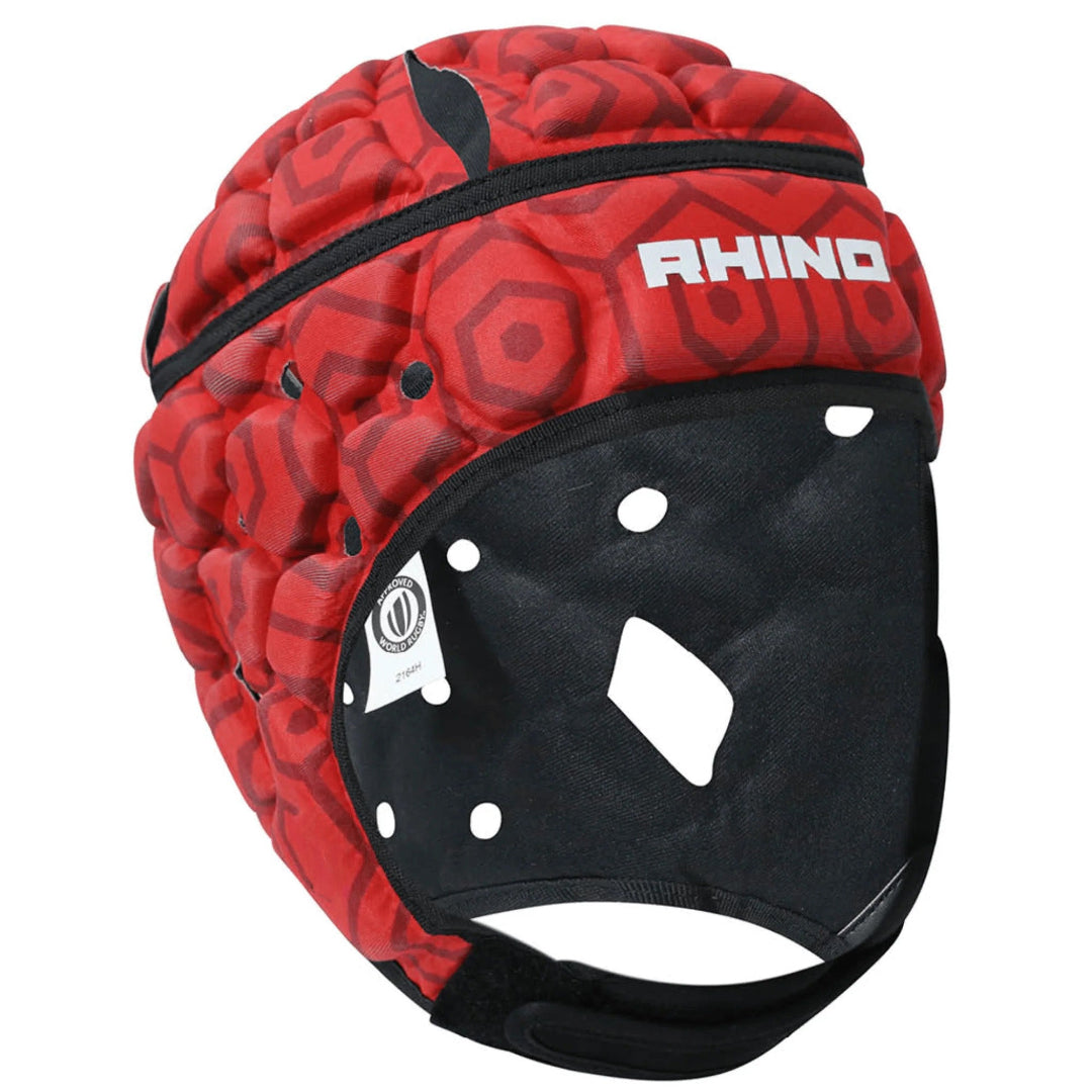 Red and black rugby helmet with 'Rhino' branding on a white background