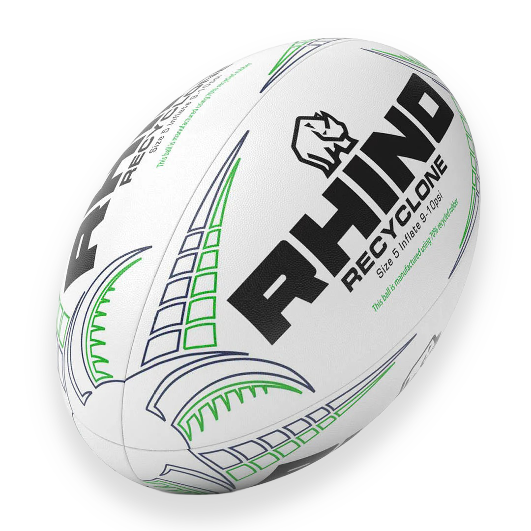 White rugby ball with green and black patterns and 'Rhino' branding on a white background
