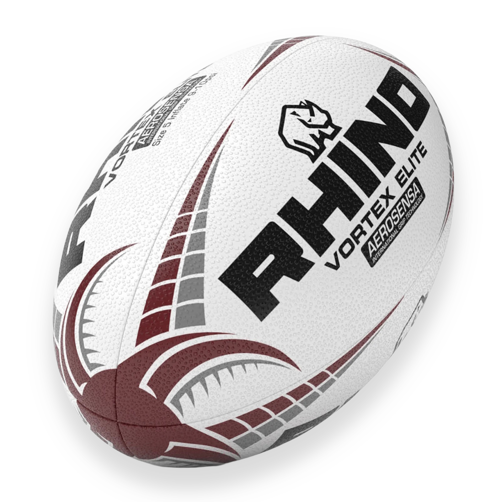 White rugby ball with red and gray patterns and 'Rhino' branding on a white background