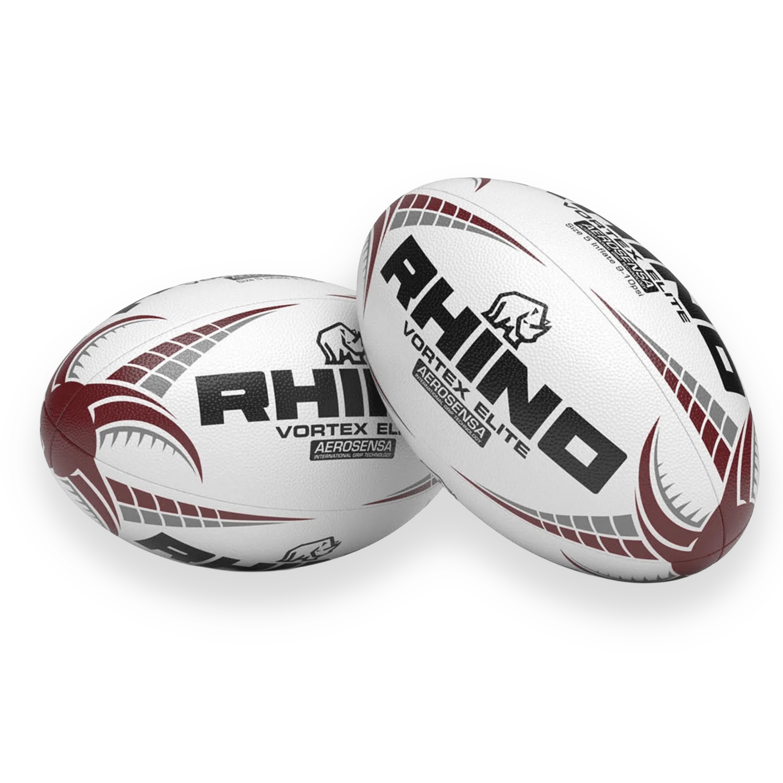 Two Rhino Vortex Elite rugby balls on a white background