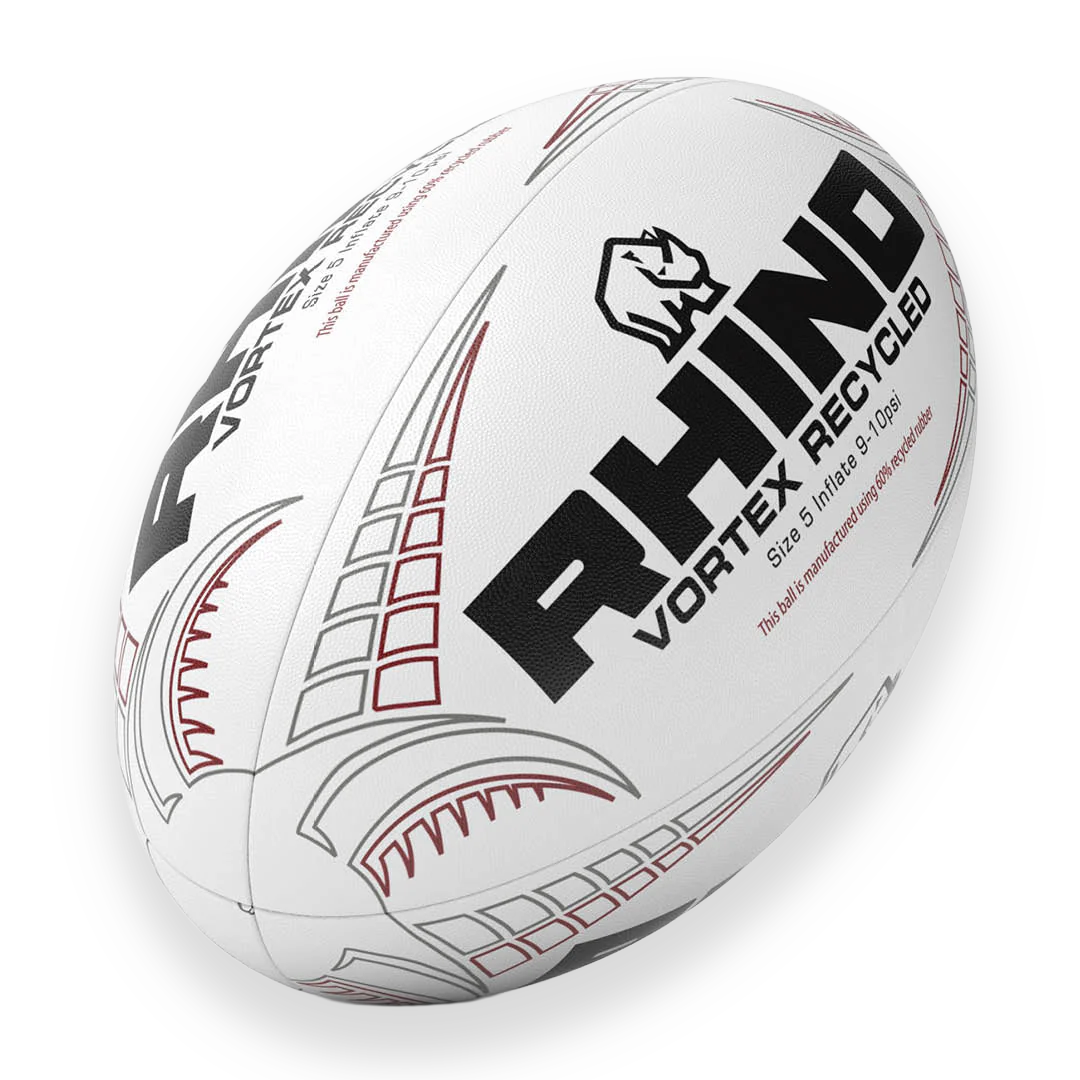 White rugby ball with red patterns and 'Rhino' branding on a white background
