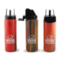 Three red and black water bottles with 'Rhino Recycled' logo on a white background