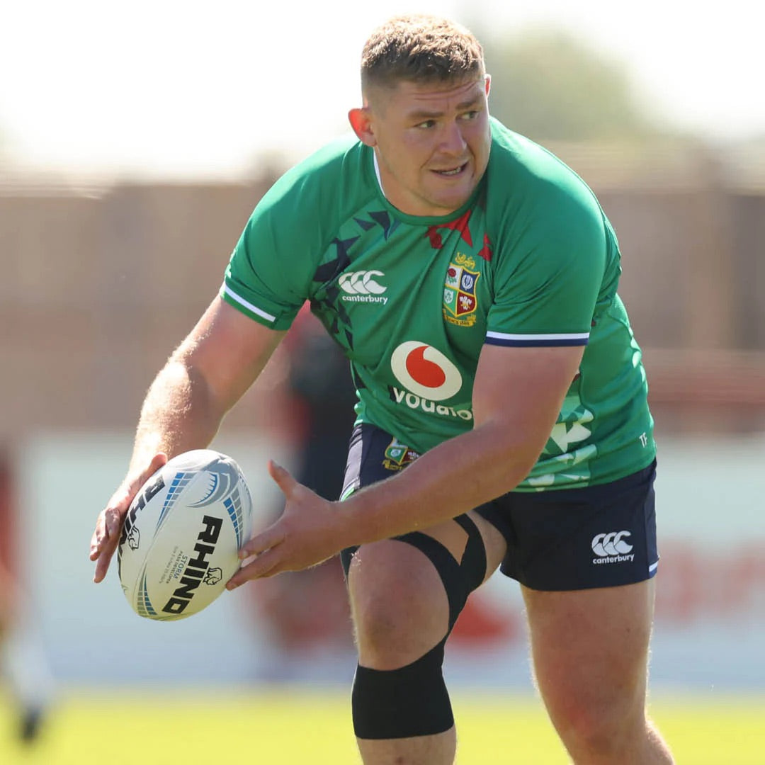 Irish and Leinster rugby player Tadhg Furlong passing a Rhino Rugby Storm pass developer ball in training on the British and Irish Lions tour 