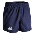 Navy blue rugby shorts with a logo on a white background