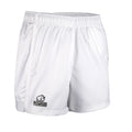 White rugby match shorts with a logo on a white background