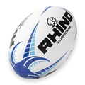 White rugby ball with blue and black design and 'Rhino Hurricane' branding on a white background