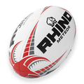 White rugby ball with red and black design and 'Rhino' branding on a white background