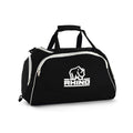 Black duffel bag with white accents and a visible 'Rhino' logo on a white background