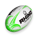 White rugby ball with green accents and 'Rhino Rapide XV' branding on a white background