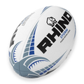 White rugby ball with blue and gray patterns and 'Rhino' branding on a white background