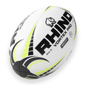 White rugby ball with black and green accents featuring the Rhino Vortex Pro branding on a white background.