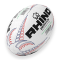White rugby ball with red and blue patterns and 'Rhino Zephyr' branding on a white background