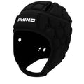Black protective helmet with 'Rhino' branding on a white background