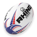 White rugby ball with red and blue patterns and 'Rhino' branding on a white background