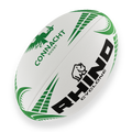 White rugby ball with green and black  'Rhino' and 'Connacht Rugby'  on a white background