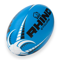 Blue rugby ball with 'Rhino' branding on a white background