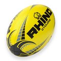 Fluorescent Yellow rugby ball with black text and logo on a white background