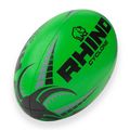 Neon green rugby ball with 'Rhino' branding on a white background
