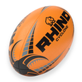 Orange rugby ball with black and gray patterns and 'Rhino Cyclone' branding on a white background