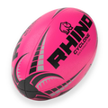 Neon pink rugby ball with black text and logo on a white background
