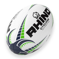 White rugby ball with green and navy patterns and 'Rhino' branding on a white background