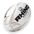 White recycled rugby ball with black and orange patterns and 'Rhino' branding on a white background