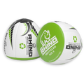 Two Rhino branded rebound rugby training balls on a white background
