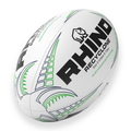 White rugby ball with green and black patterns and 'Rhino' branding on a white background