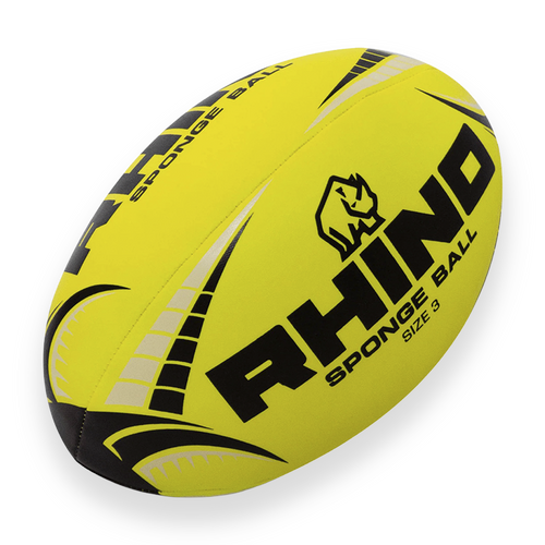 Neon Yellow foam Rugby Ball with Black and grey patterns and "Rhino Sponge Ball size 3" Text on each face