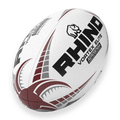 White rugby ball with red and gray patterns and 'Rhino' branding on a white background