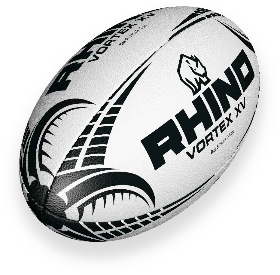 A White "Vortex XV" Rhino Rugby Ball with Black Propellers and text. It is a Match Rugby Ball by Rhino Rugby Ireland